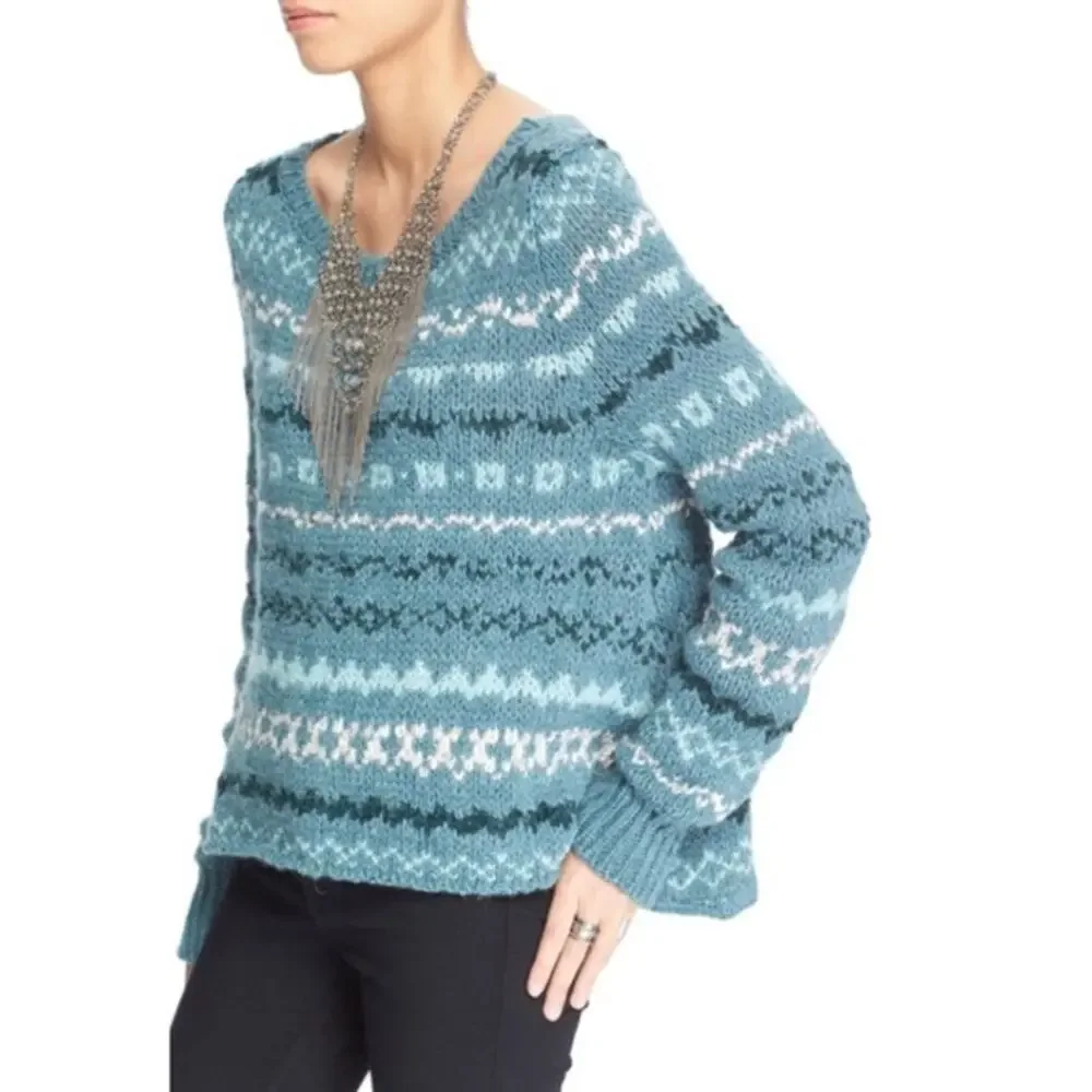 Women's Free People Through the Storm Wool Blend Fair Isle Sweater Green XS - Picture 11 of 11